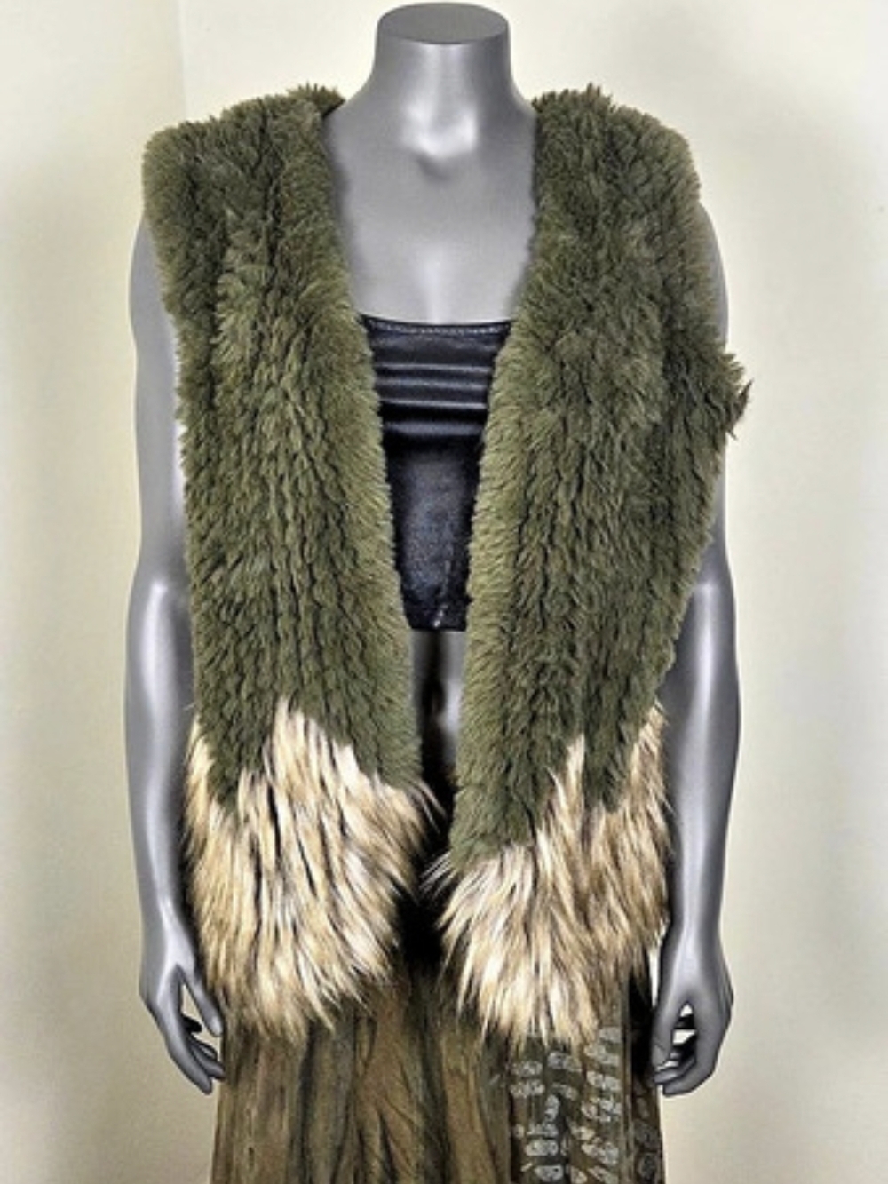 Faux Rabbit Fur Vest in Green & Brown Like New